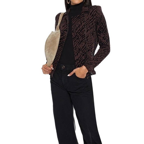 NEW Majestic Filatures Woman Flocked Stretch-Jersey Biker Jacket Chocolate